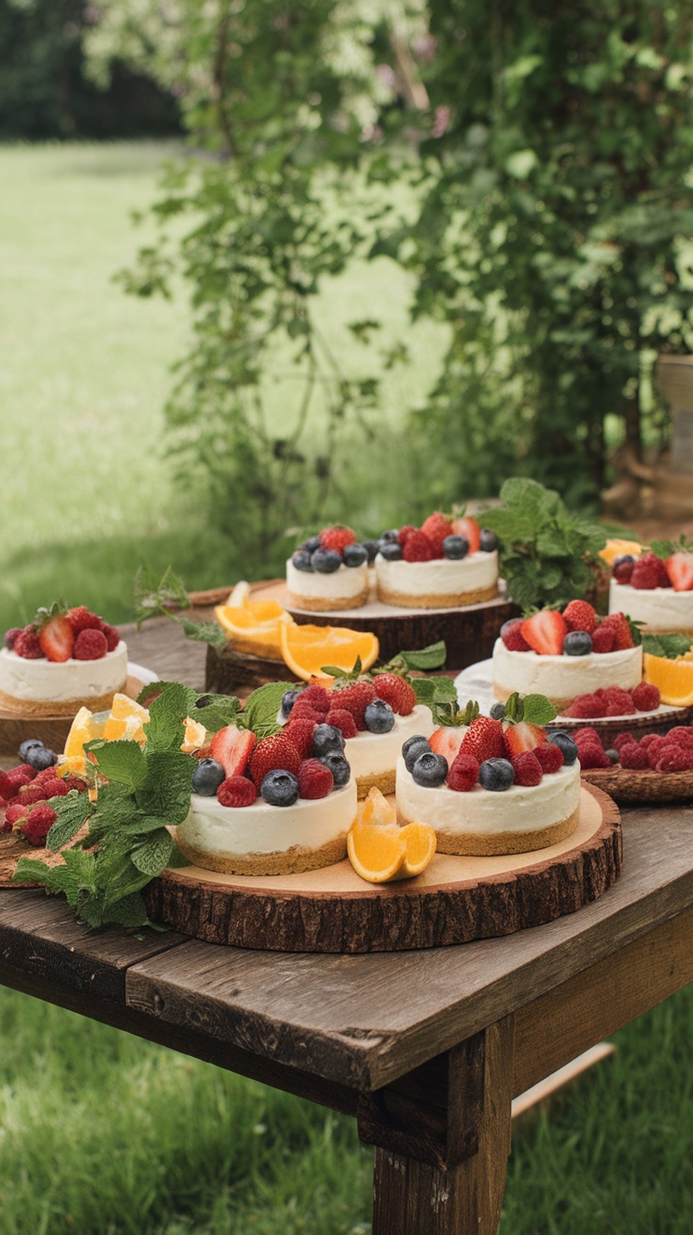 A table with mini cheesecakes topped with fresh fruits like strawberries, blueberries, and raspberries, surrounded by greenery.