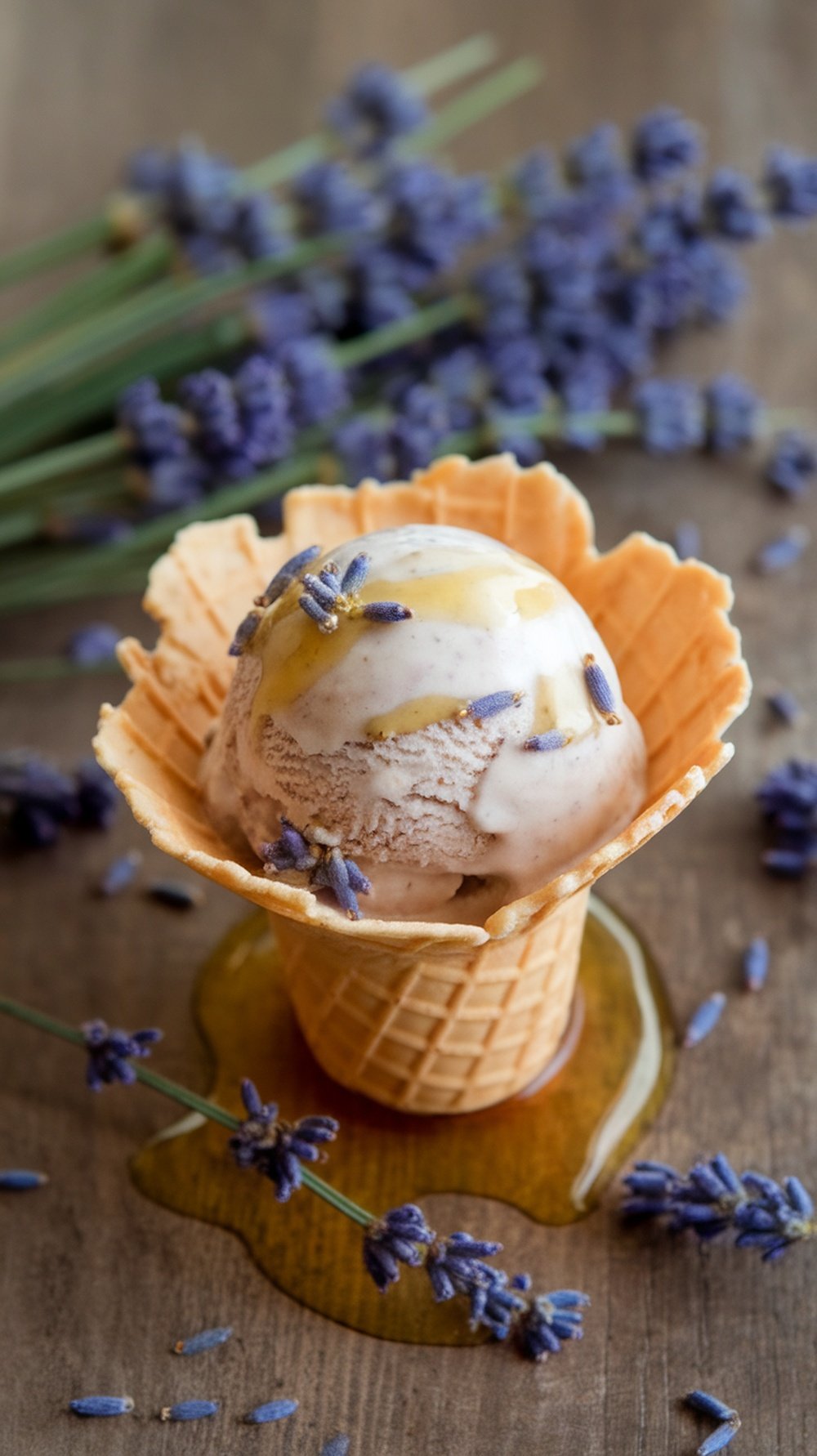 A scoop of lavender honey ice cream in a waffle cone, topped with lavender flowers and honey.