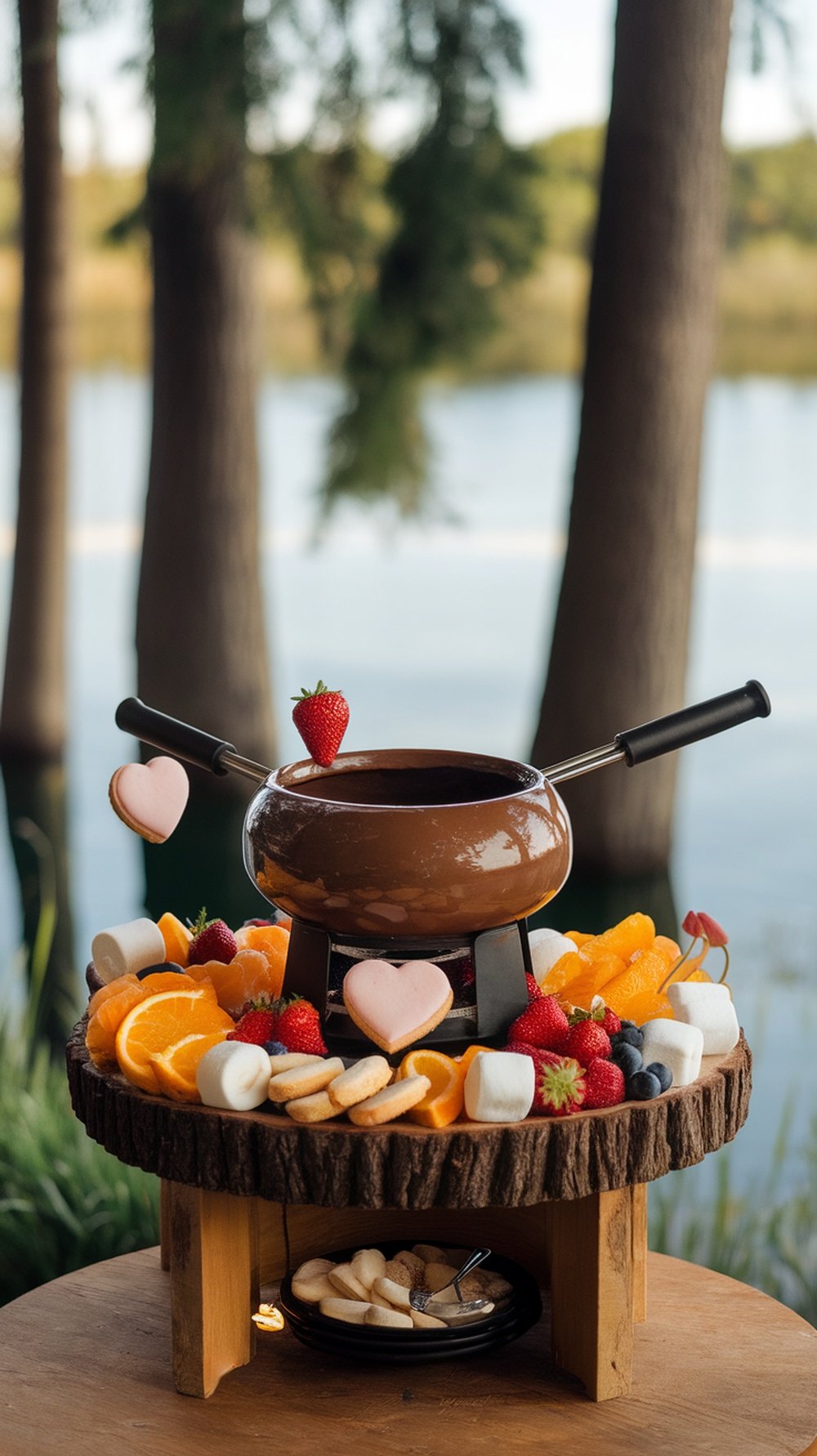 A chocolate fondue pot surrounded by various dippable treats like fruits, cookies, and marshmallows.