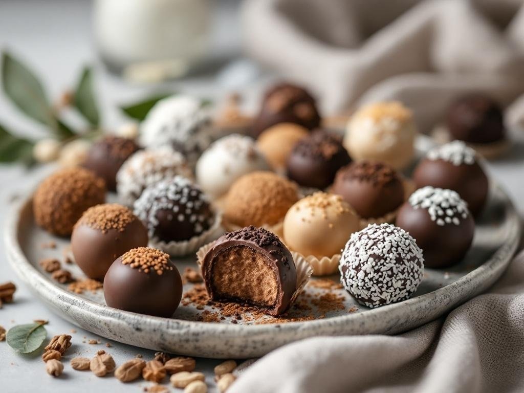 A plate of assorted chocolate truffles with various coatings, including nuts, sprinkles, and cocoa powder.