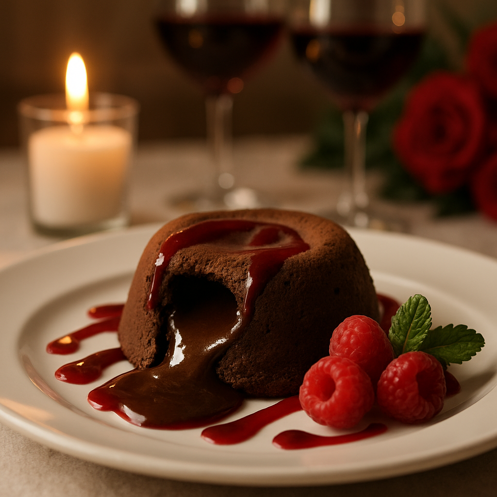 A rich chocolate lava cake with raspberry sauce, fresh raspberries, and a sprig of mint, set against a romantic backdrop with candlelight and wine.