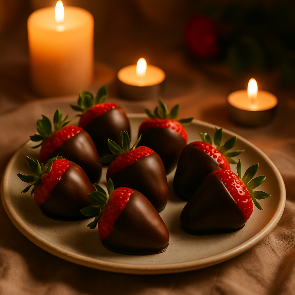 A plate of chocolate-covered strawberries with candles in the background