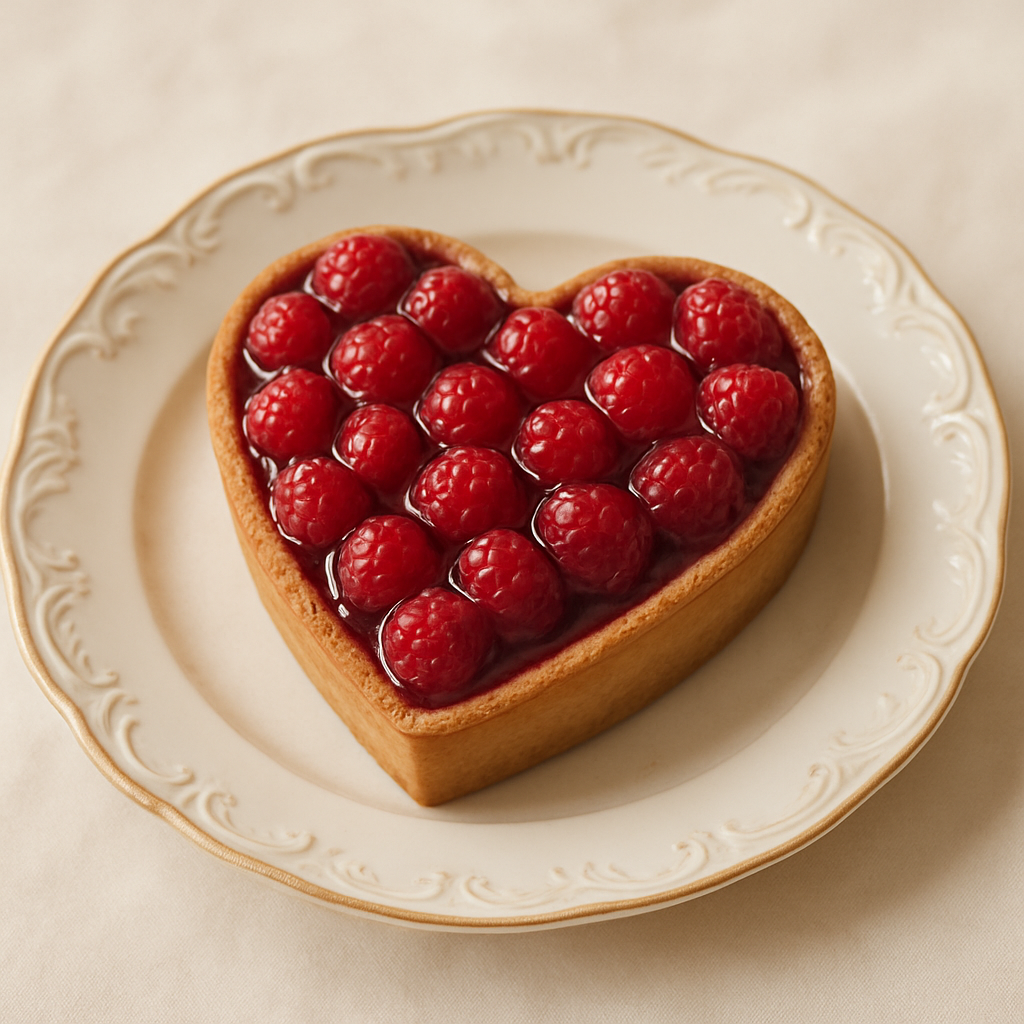 A heart-shaped raspberry tart on a decorative plate, topped with fresh raspberries.