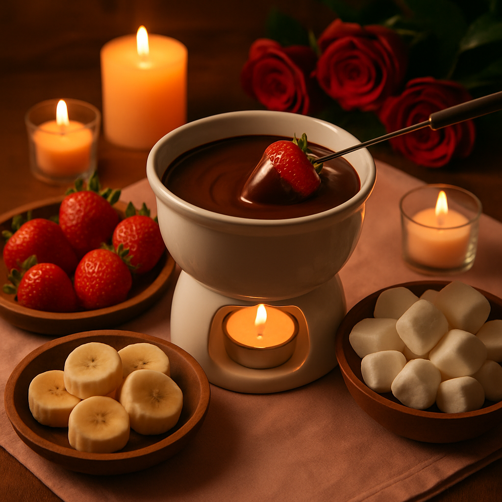 A romantic setup featuring molten chocolate fondue with fresh strawberries, banana slices, and marshmallows, surrounded by candles and roses.