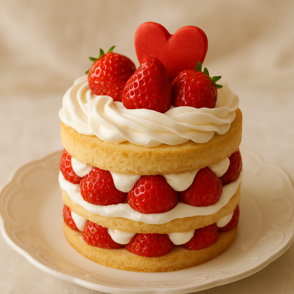 A three-layer strawberry shortcake topped with fresh strawberries and a heart decoration