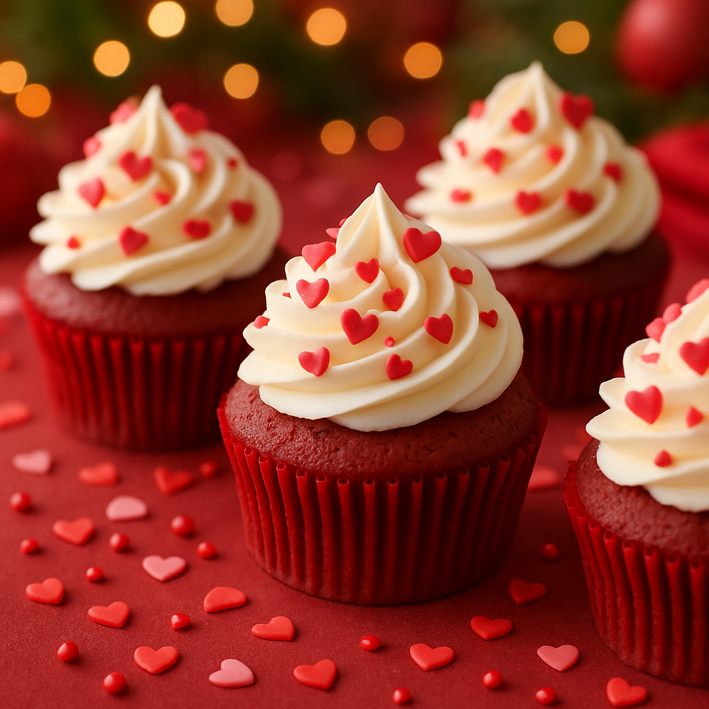 Red velvet cupcakes with cream cheese frosting topped with heart sprinkles