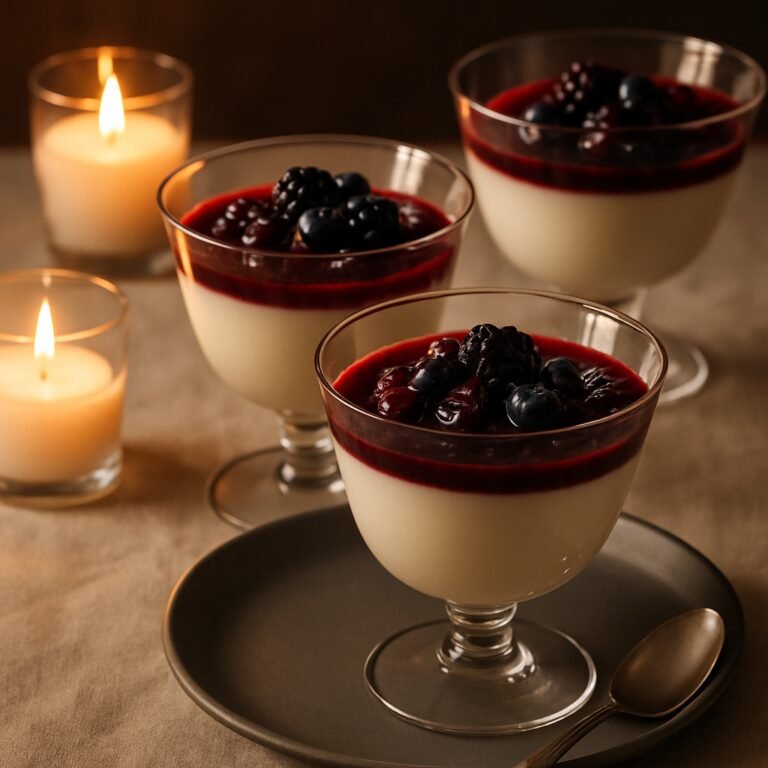 Three servings of panna cotta topped with berry compote, surrounded by candles.