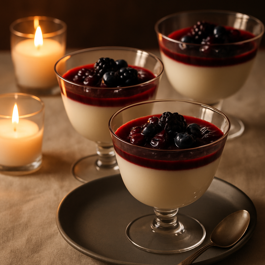 Three servings of panna cotta topped with berry compote, surrounded by candles.