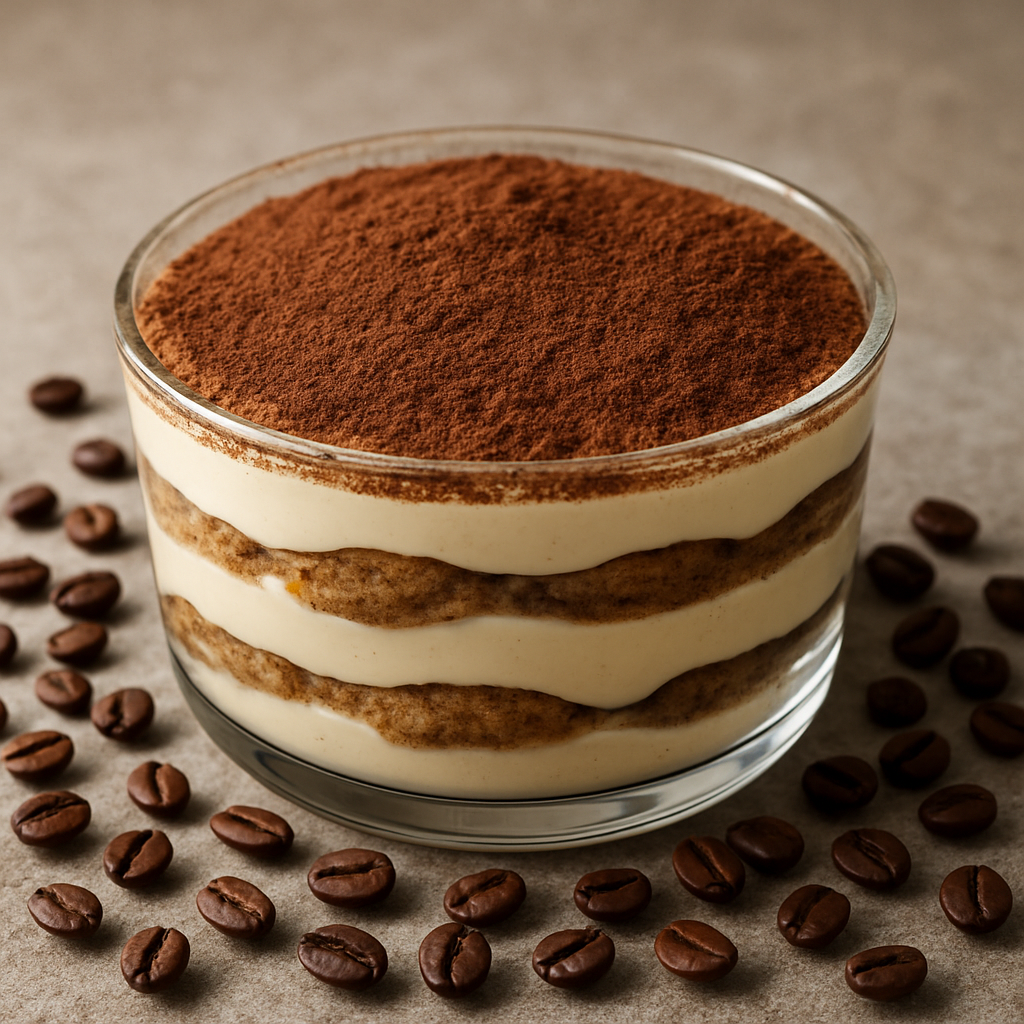 A glass dish of tiramisu dusted with cocoa powder, surrounded by coffee beans.