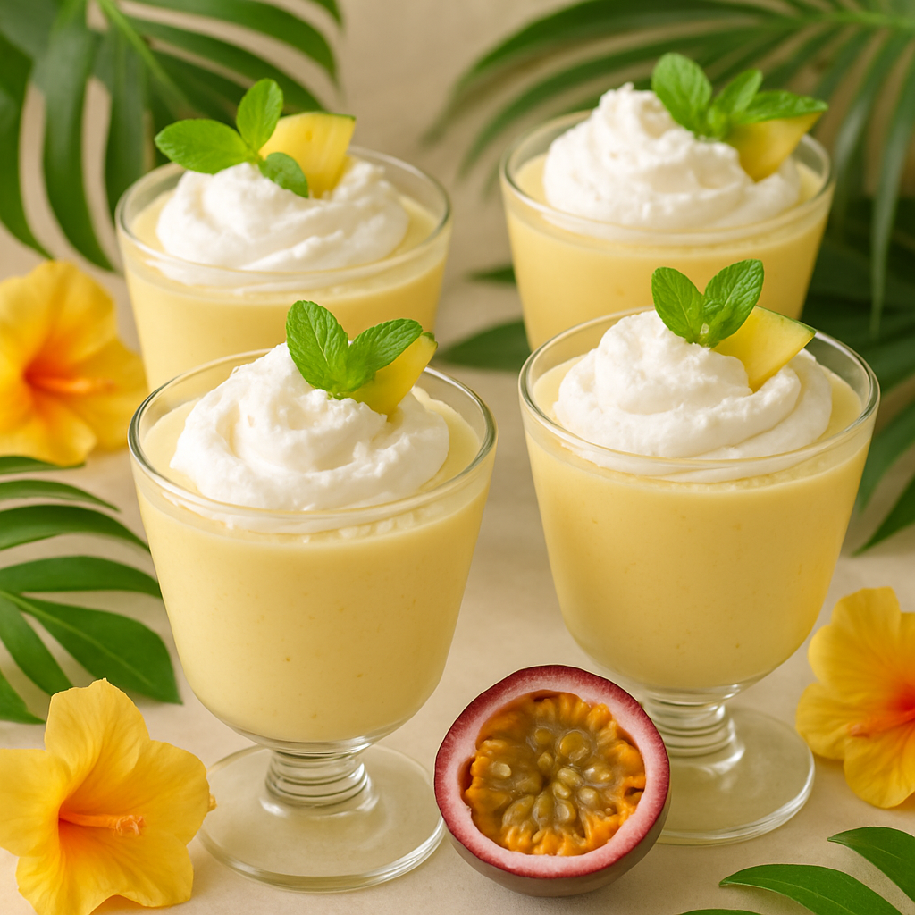 Four cups of passion fruit mousse topped with coconut whipped cream and garnished with mint and pineapple, surrounded by tropical leaves and flowers.