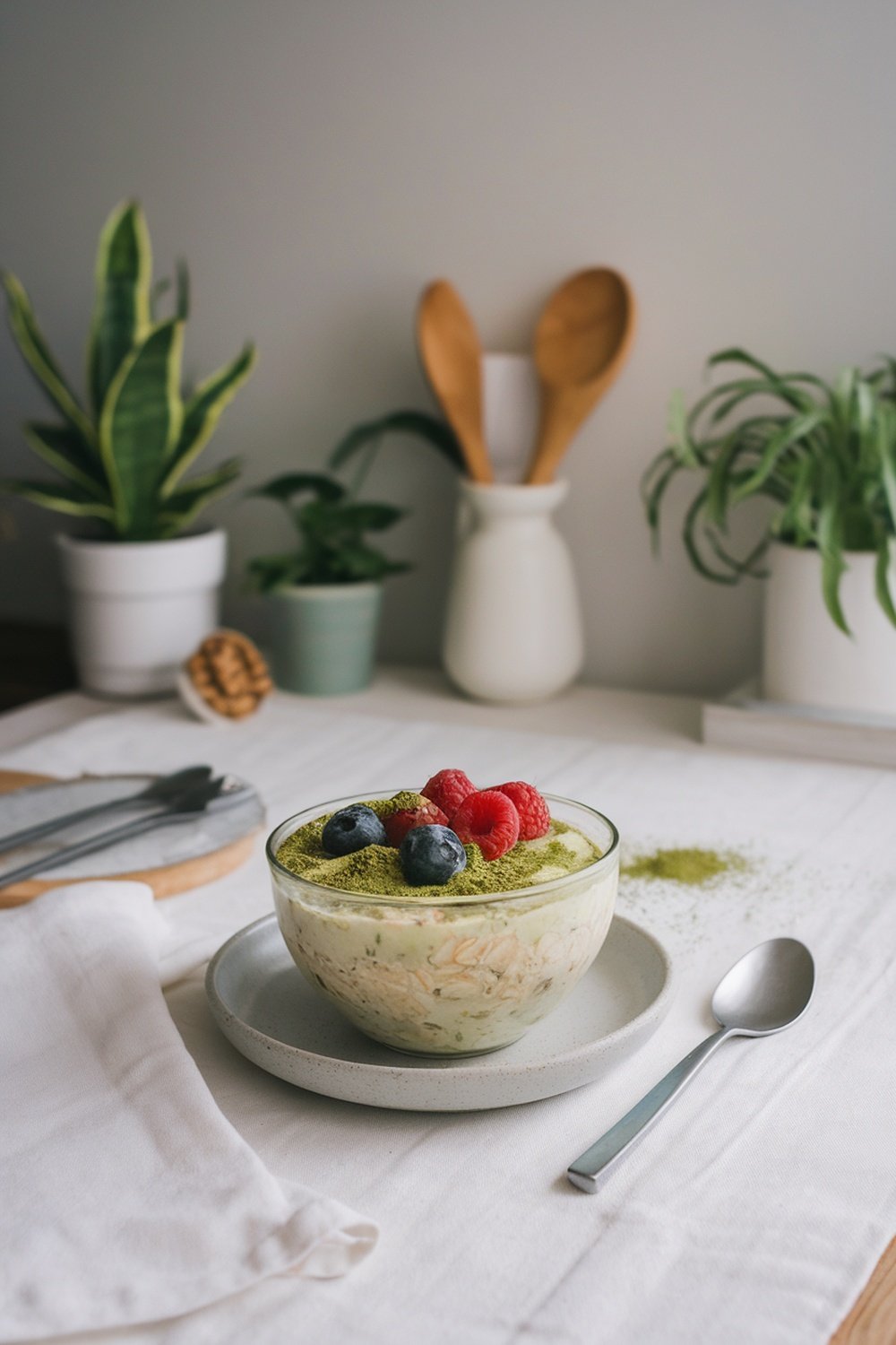 A bowl of matcha green tea overnight oats topped with raspberries and blueberries, surrounded by kitchen plants and utensils.