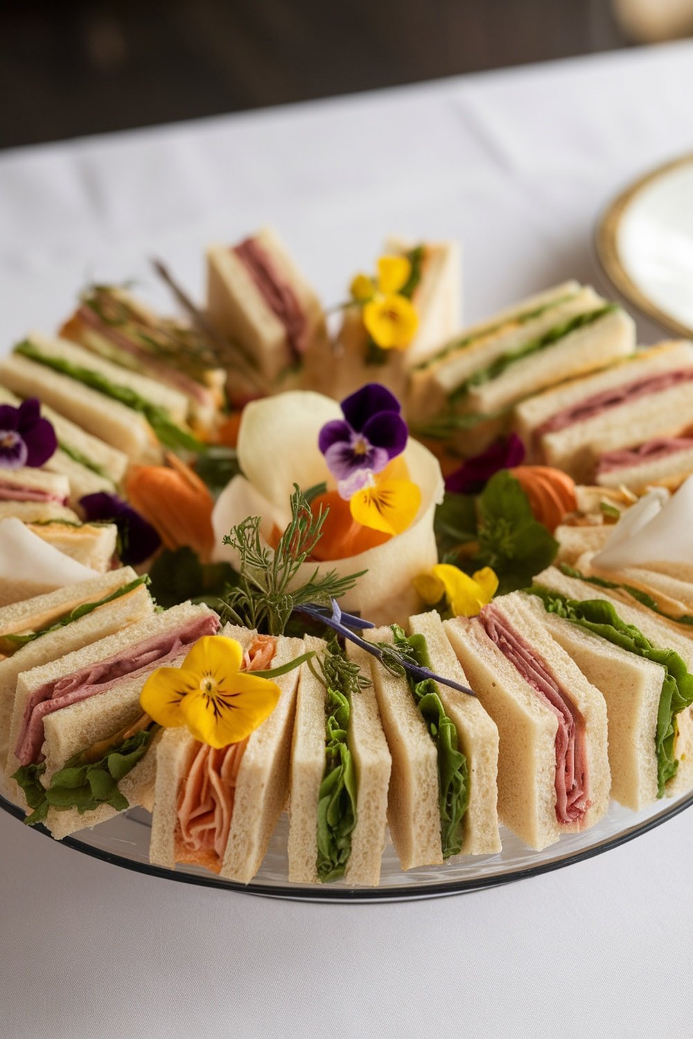A beautifully arranged platter of finger sandwiches with colorful fillings and edible flowers.