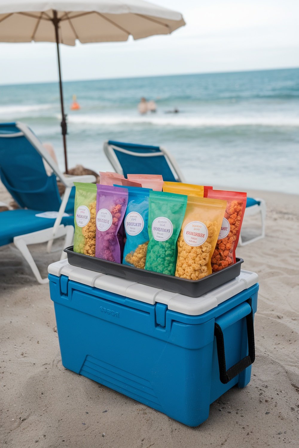 Colorful bags of gourmet popcorn displayed on a cooler at the beach
