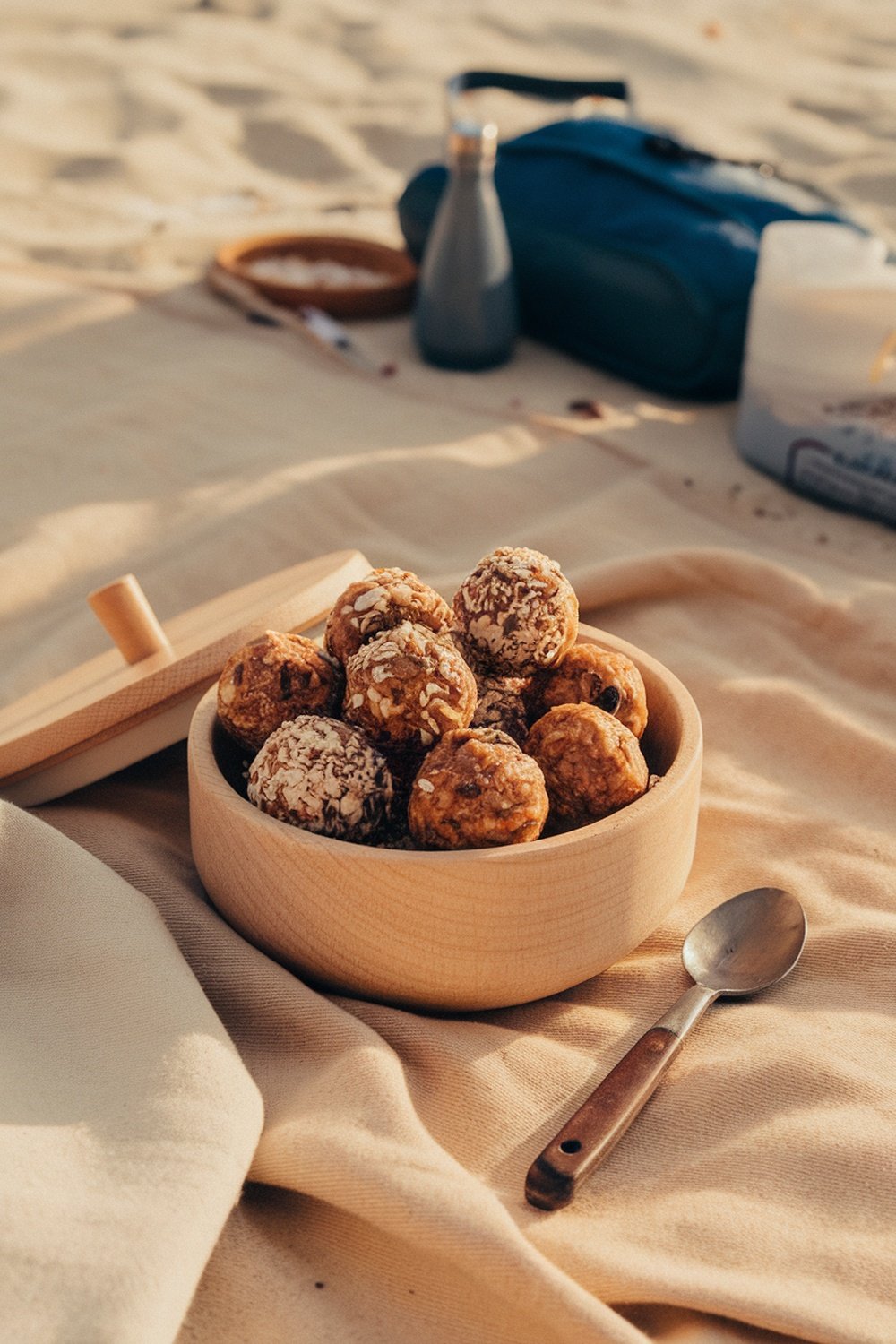 A bowl of nut butter energy balls on a sandy beach, with a spoon beside it.