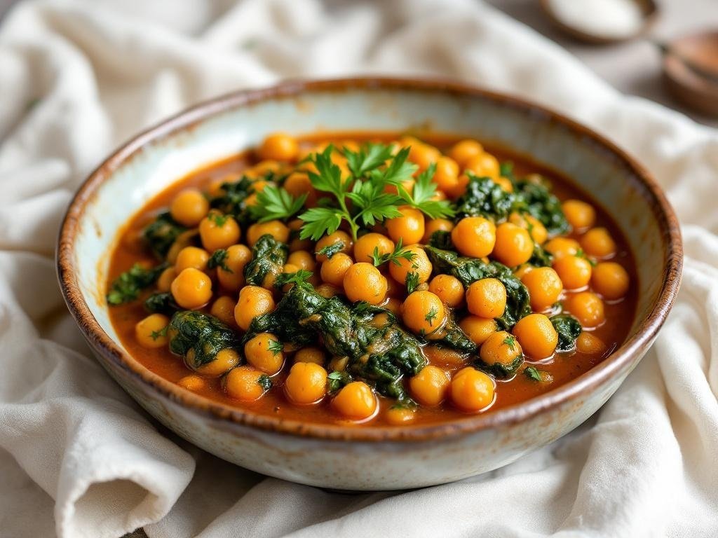 A bowl of spicy chickpea and spinach stew with golden chickpeas and fresh spinach, garnished with parsley.