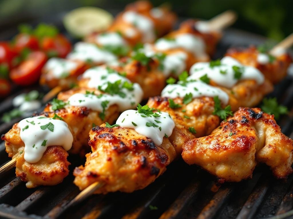 Grilled chicken kebabs drizzled with yogurt sauce and garnished with herbs, served on skewers.