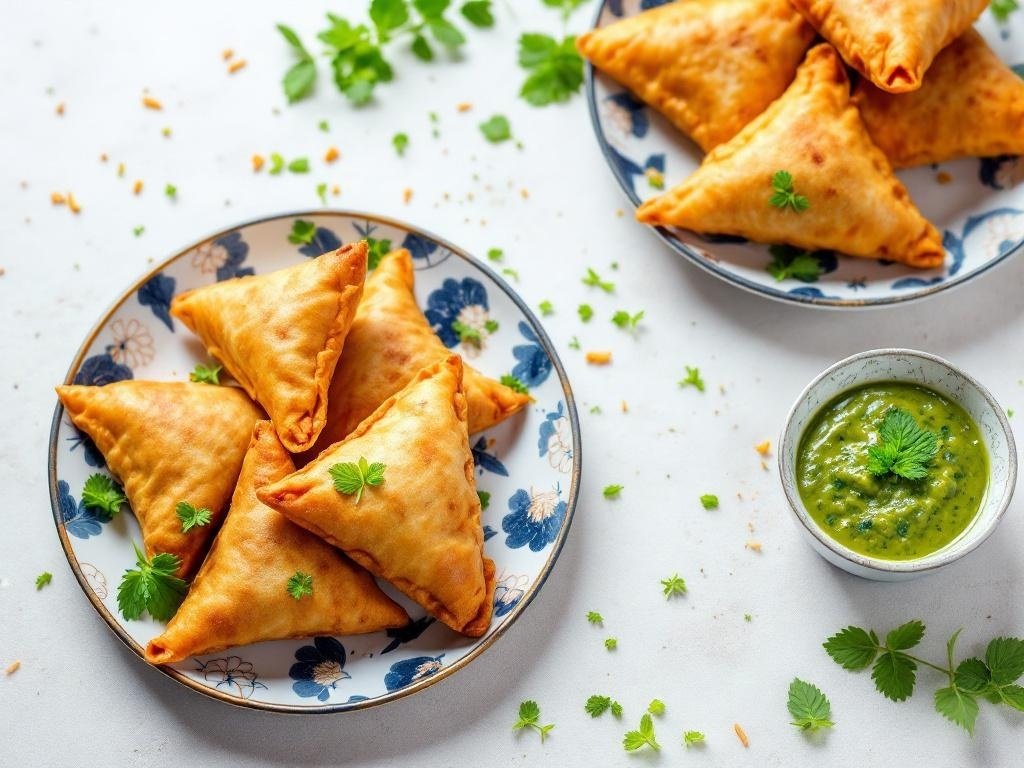 A plate of golden vegetable samosas with mint chutney, garnished with fresh herbs.