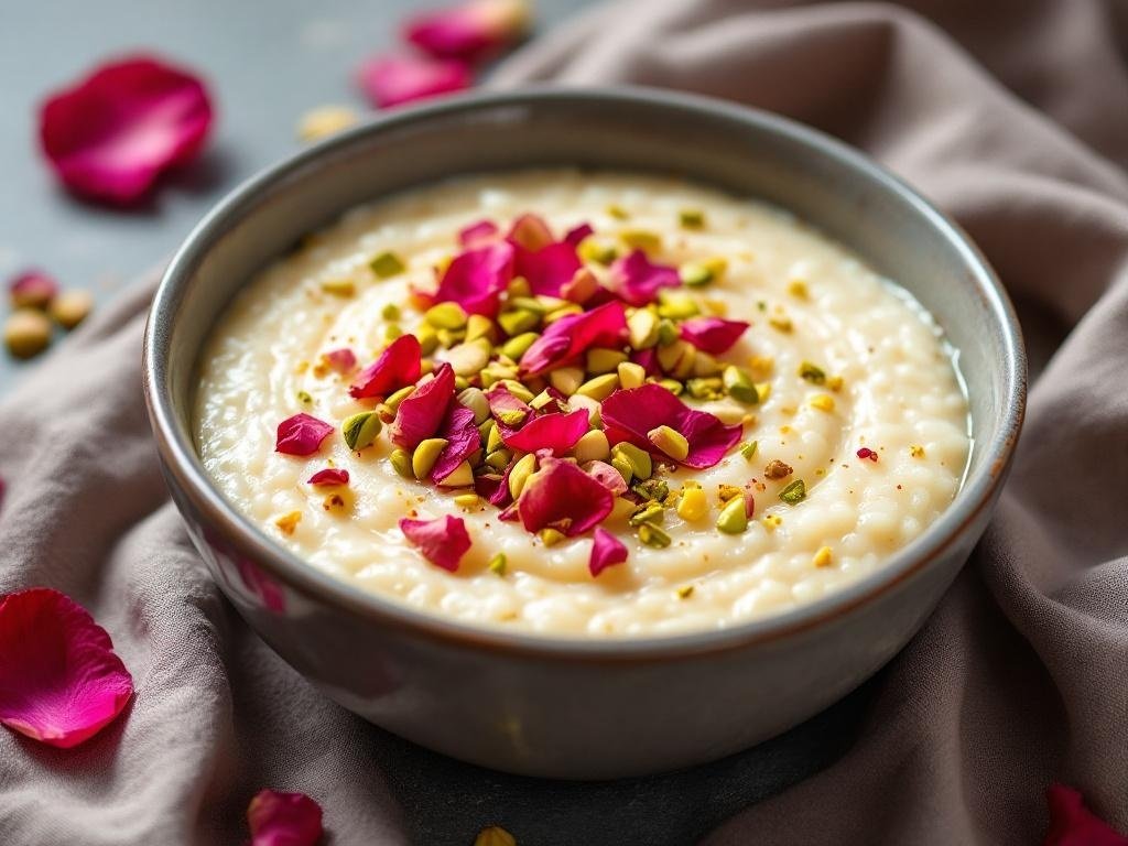 A bowl of rose water and pistachio rice pudding topped with rose petals and pistachios.