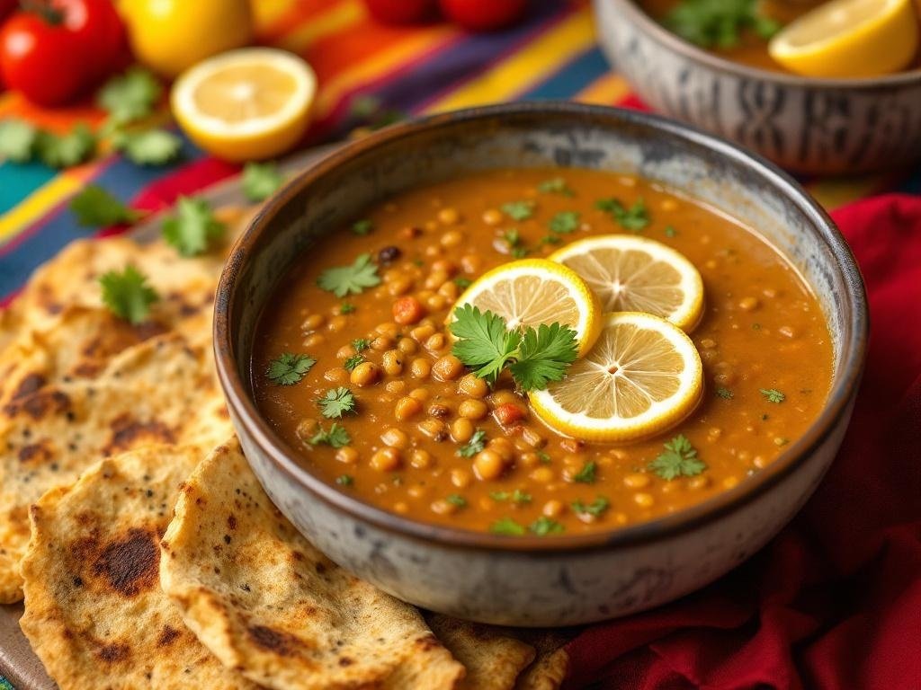 A bowl of lentil soup garnished with lemon slices and cilantro, served with flatbread on the side.