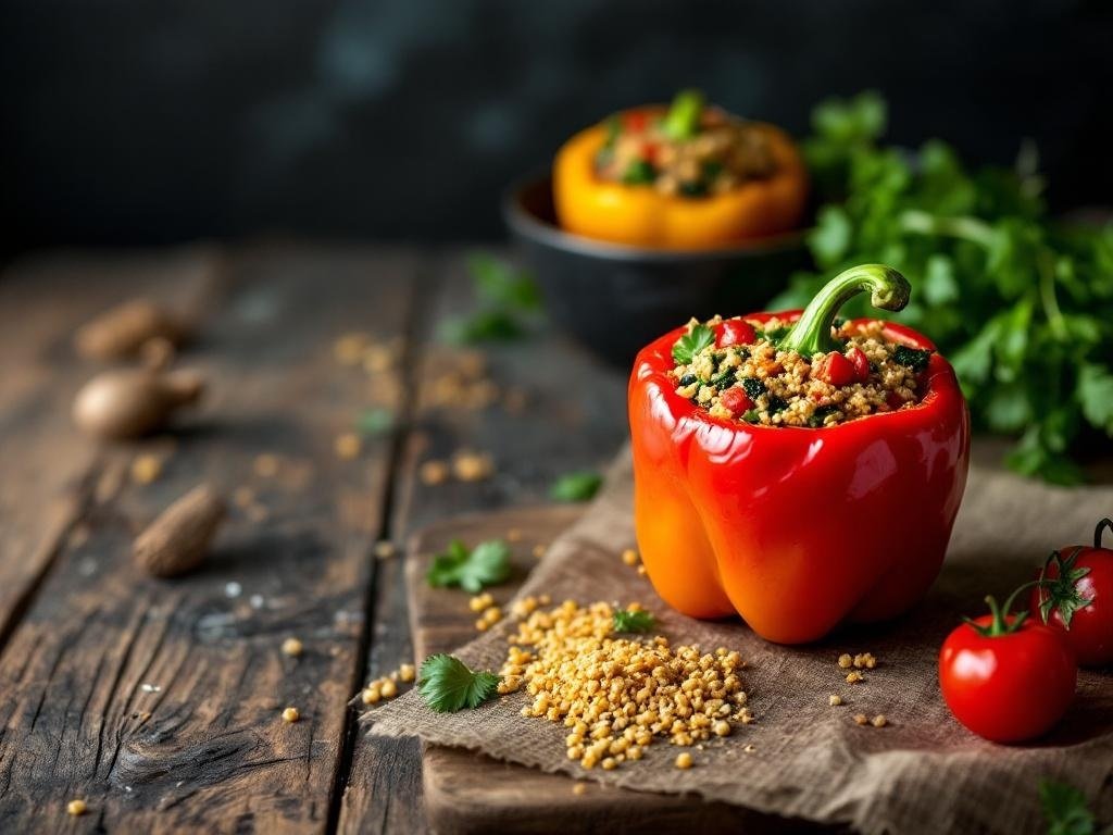 Stuffed bell peppers filled with quinoa and vegetables on a wooden table