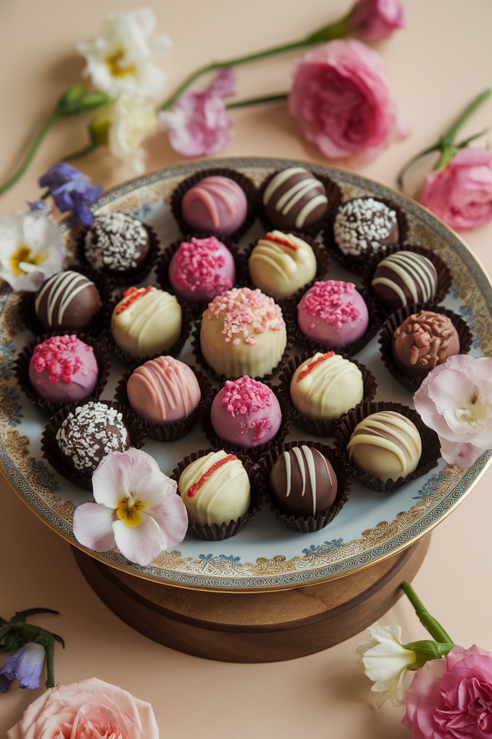A beautiful assortment of chocolate truffles on a decorative plate, surrounded by flowers.