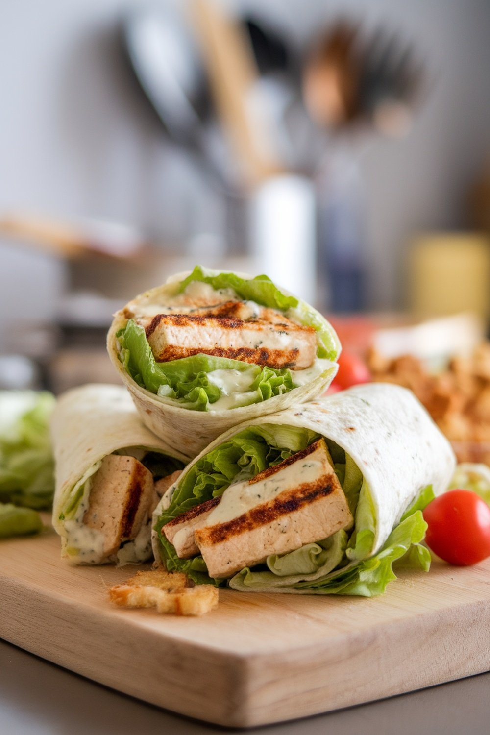 Caesar salad wraps with grilled tofu, lettuce, and dressing on a wooden cutting board.