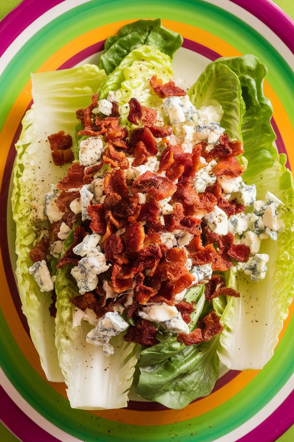 A vibrant Caesar salad topped with crispy bacon and blue cheese on a colorful plate.