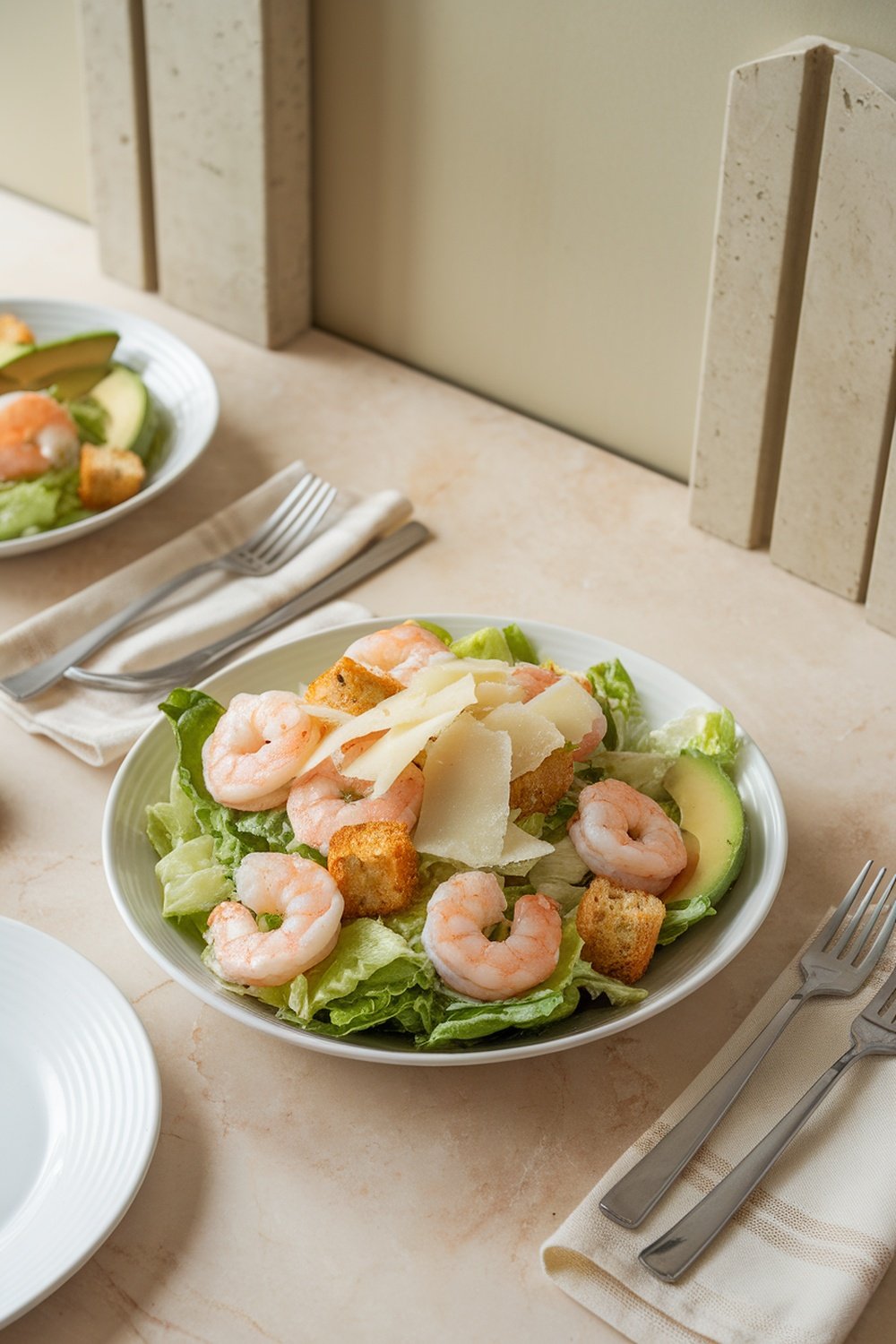 A plate of Shrimp Caesar Salad with Avocado, featuring shrimp, lettuce, croutons, and Parmesan cheese.