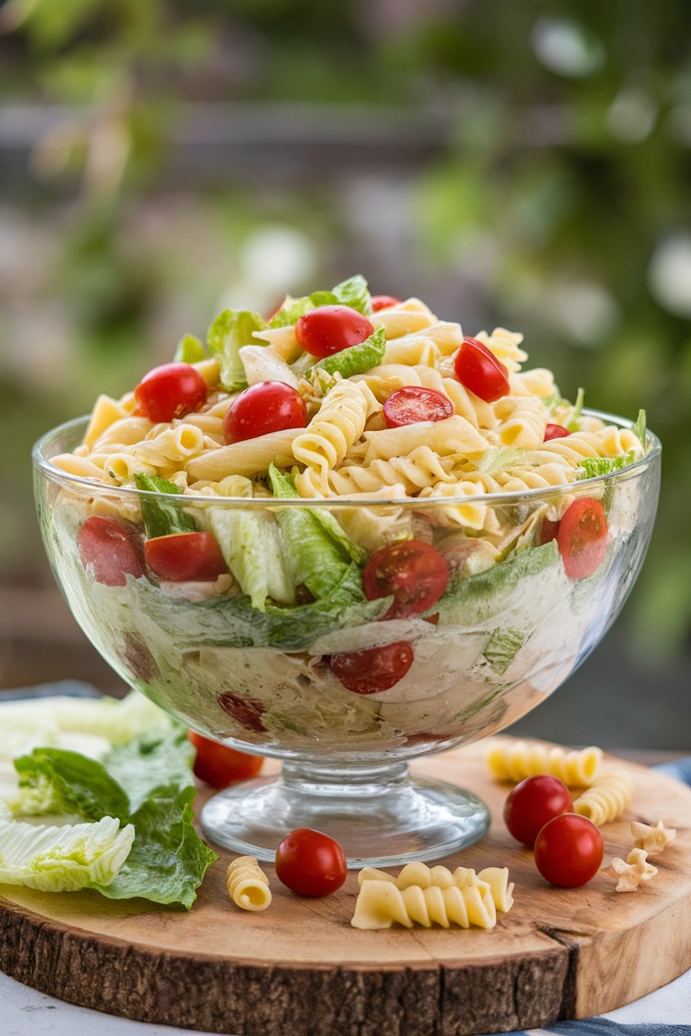 A bowl of Caesar Pasta Salad with cherry tomatoes and lettuce on a wooden board.