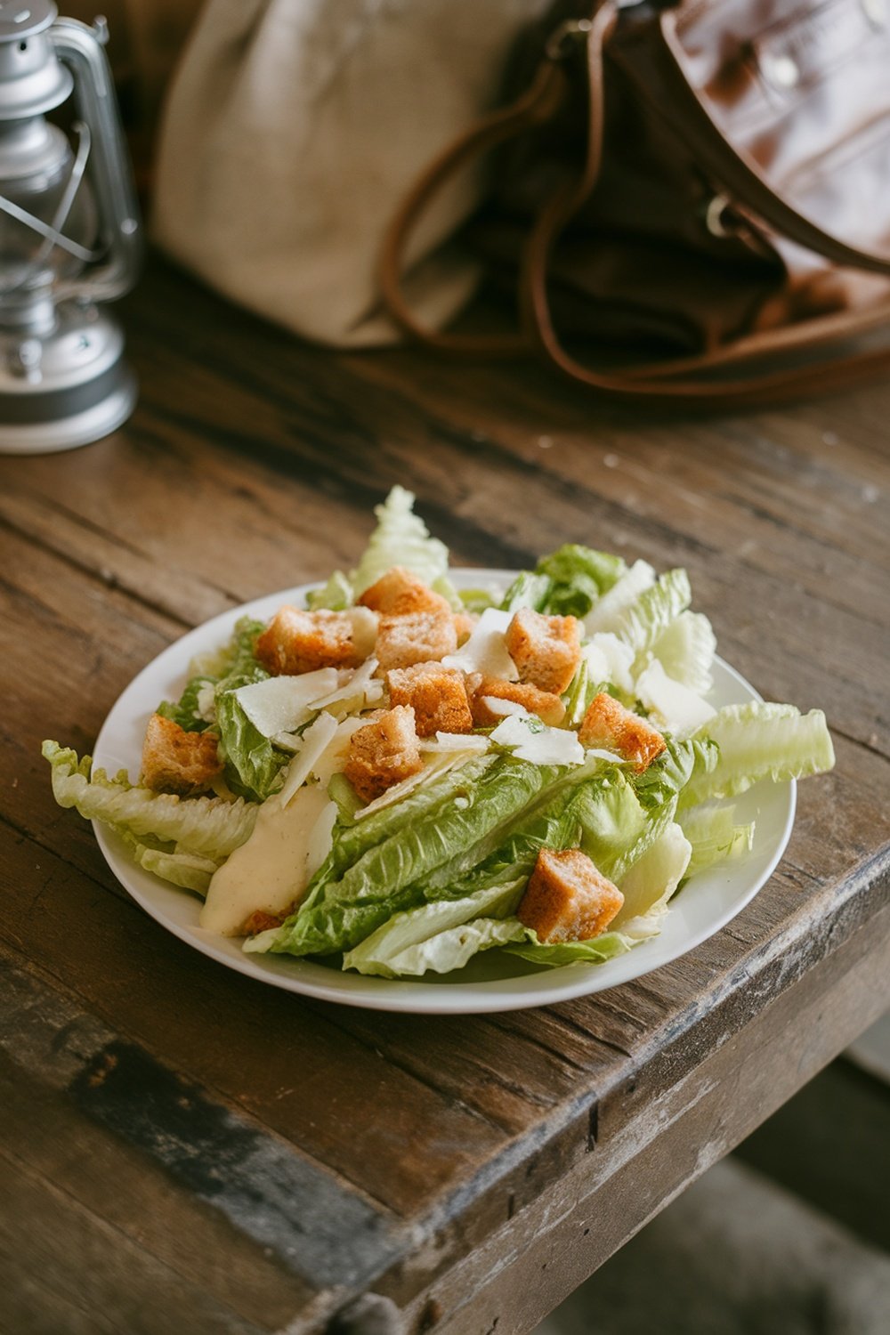 A classic Caesar salad with romaine lettuce, croutons, and parmesan cheese on a wooden table.