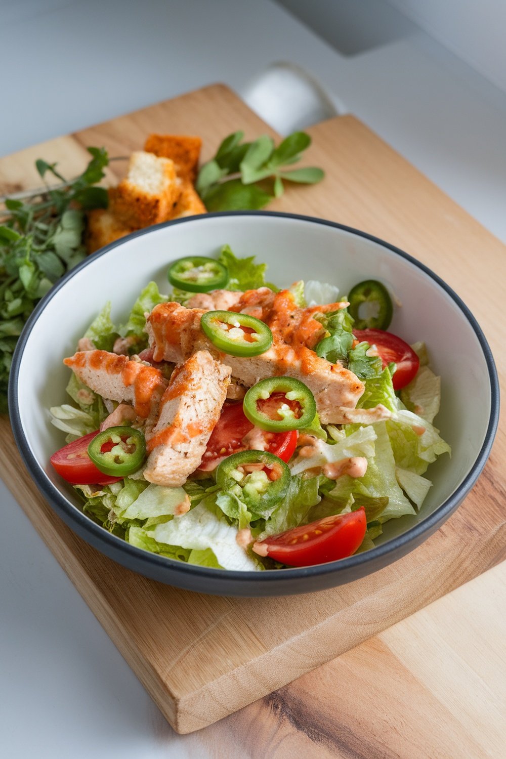 A bowl of Spicy Caesar Salad with jalapeños, featuring lettuce, chicken strips, cherry tomatoes, and a creamy dressing.