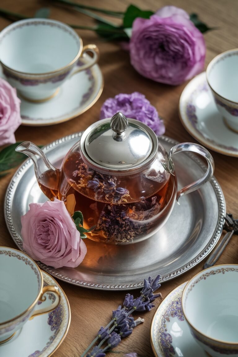 A teapot filled with lavender and Earl Grey tea, surrounded by china cups and lavender roses.