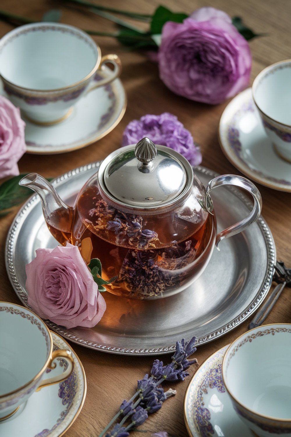 A teapot filled with lavender and Earl Grey tea, surrounded by china cups and lavender roses.