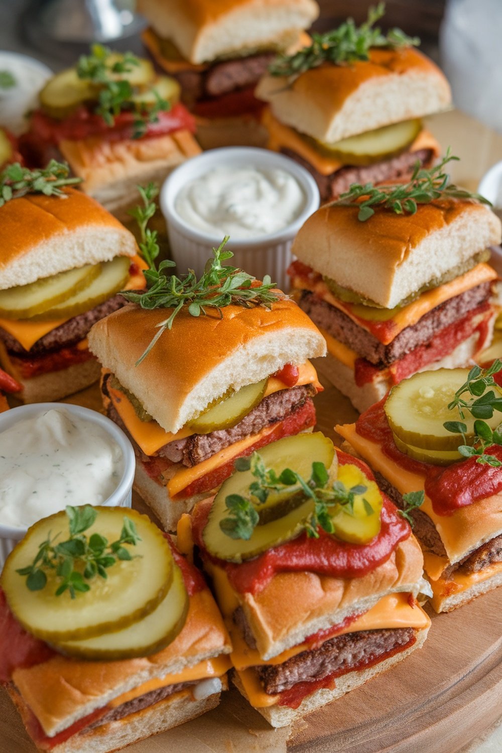 A platter of savory sliders with gourmet toppings, including pickles, cheese, and herbs.
