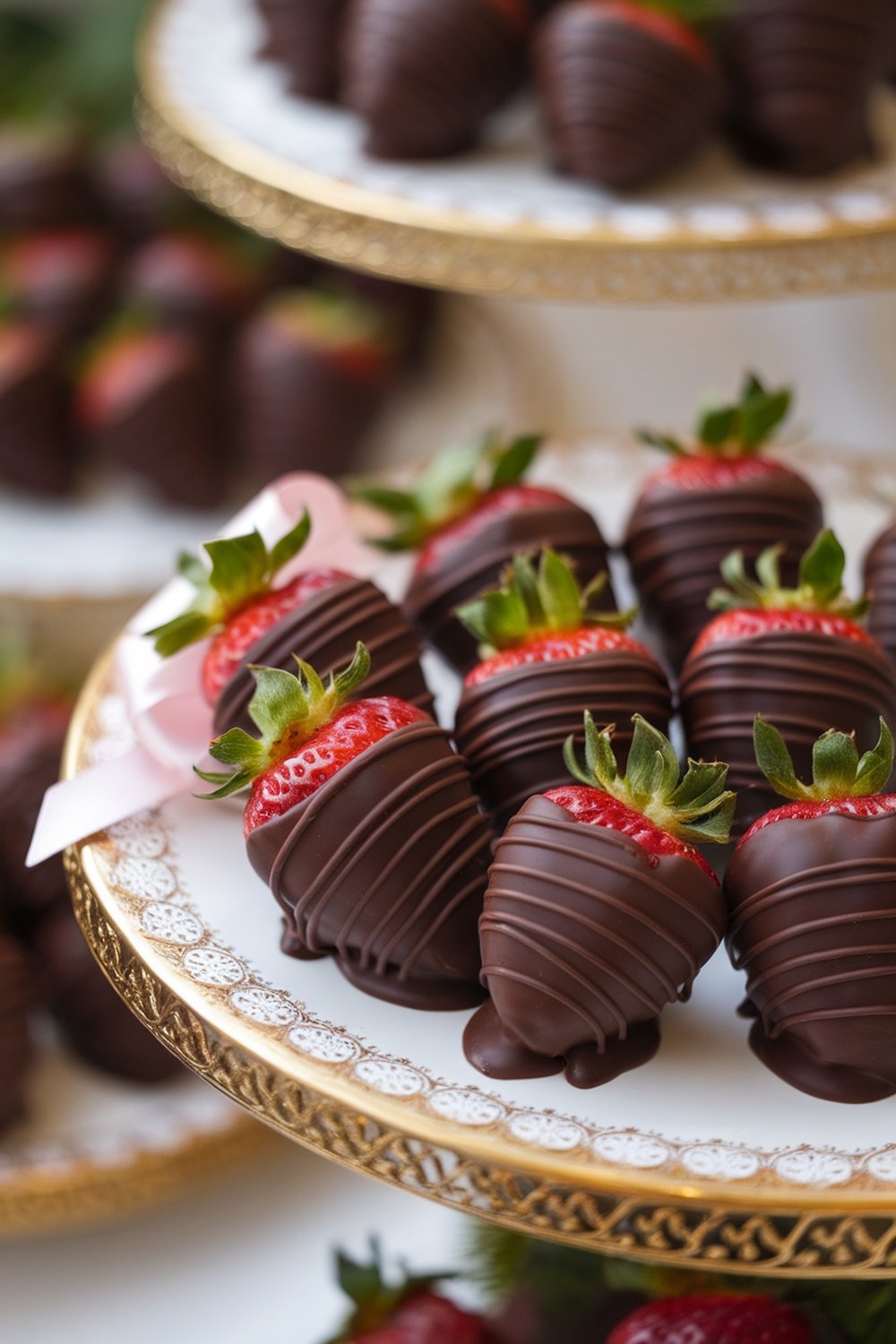 A platter of chocolate-covered strawberries with a decorative ribbon.