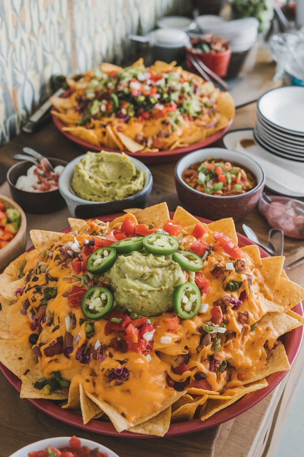 A loaded nacho bar featuring tortilla chips topped with cheese, guacamole, jalapeños, and various toppings.