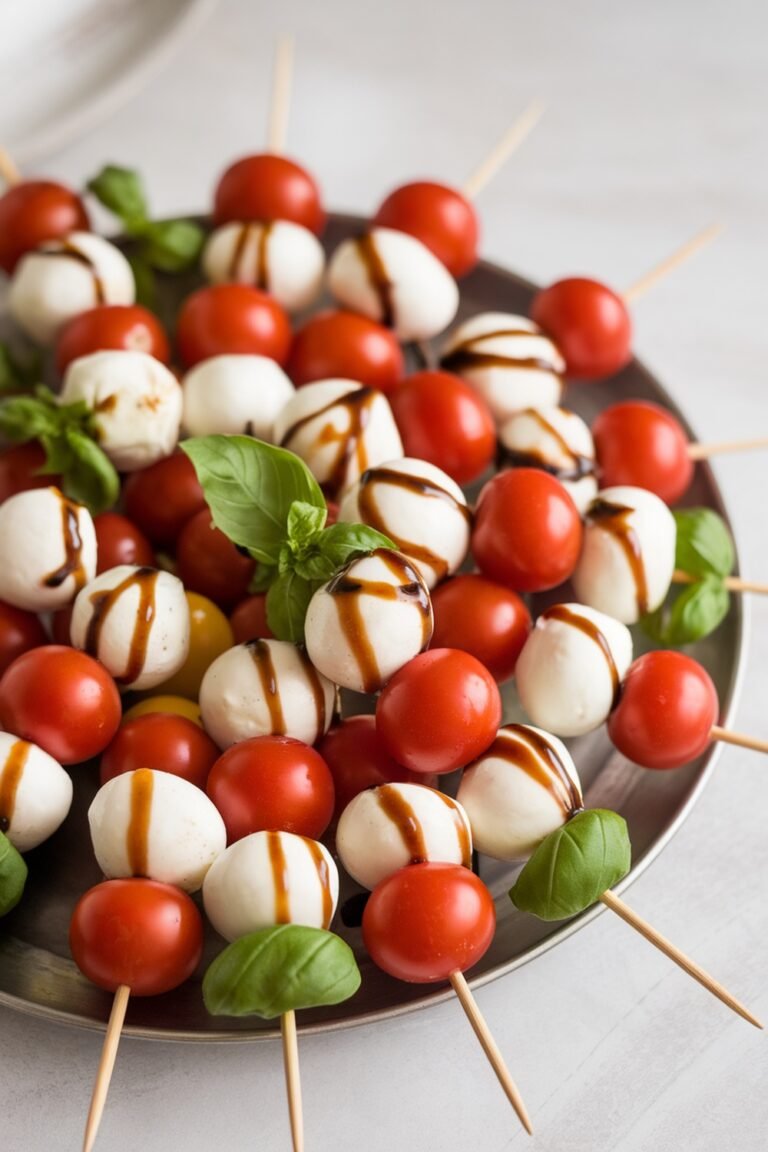 A platter of mini Caprese skewers with cherry tomatoes, mozzarella balls, and basil drizzled with balsamic glaze.