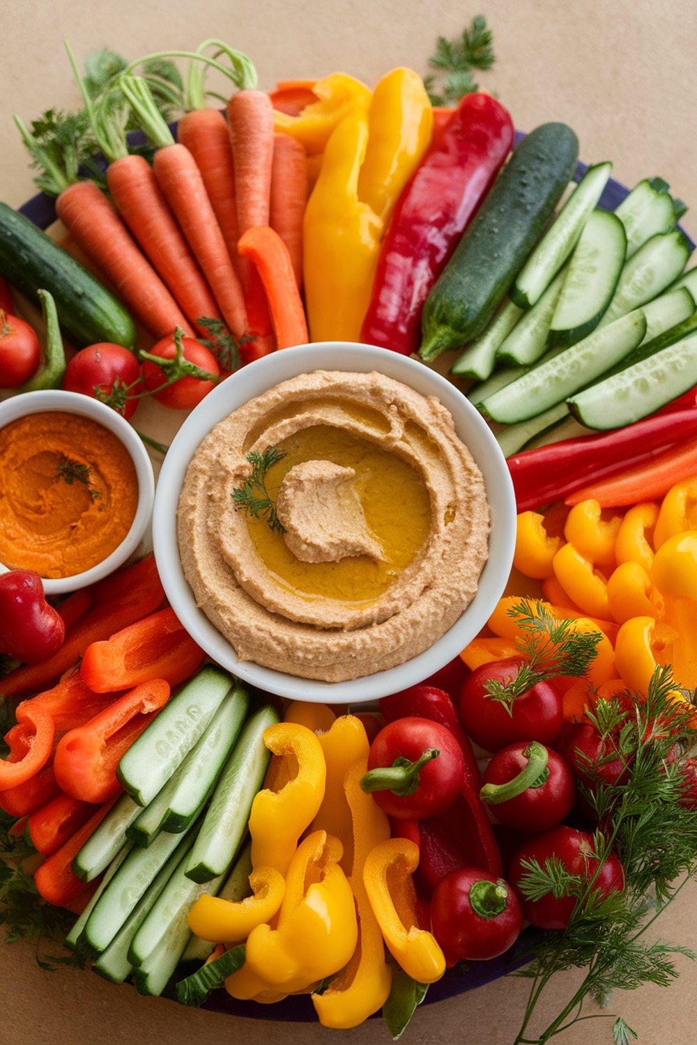 A colorful vegetable platter featuring carrots, cucumbers, bell peppers, and cherry tomatoes, served with hummus and dips.