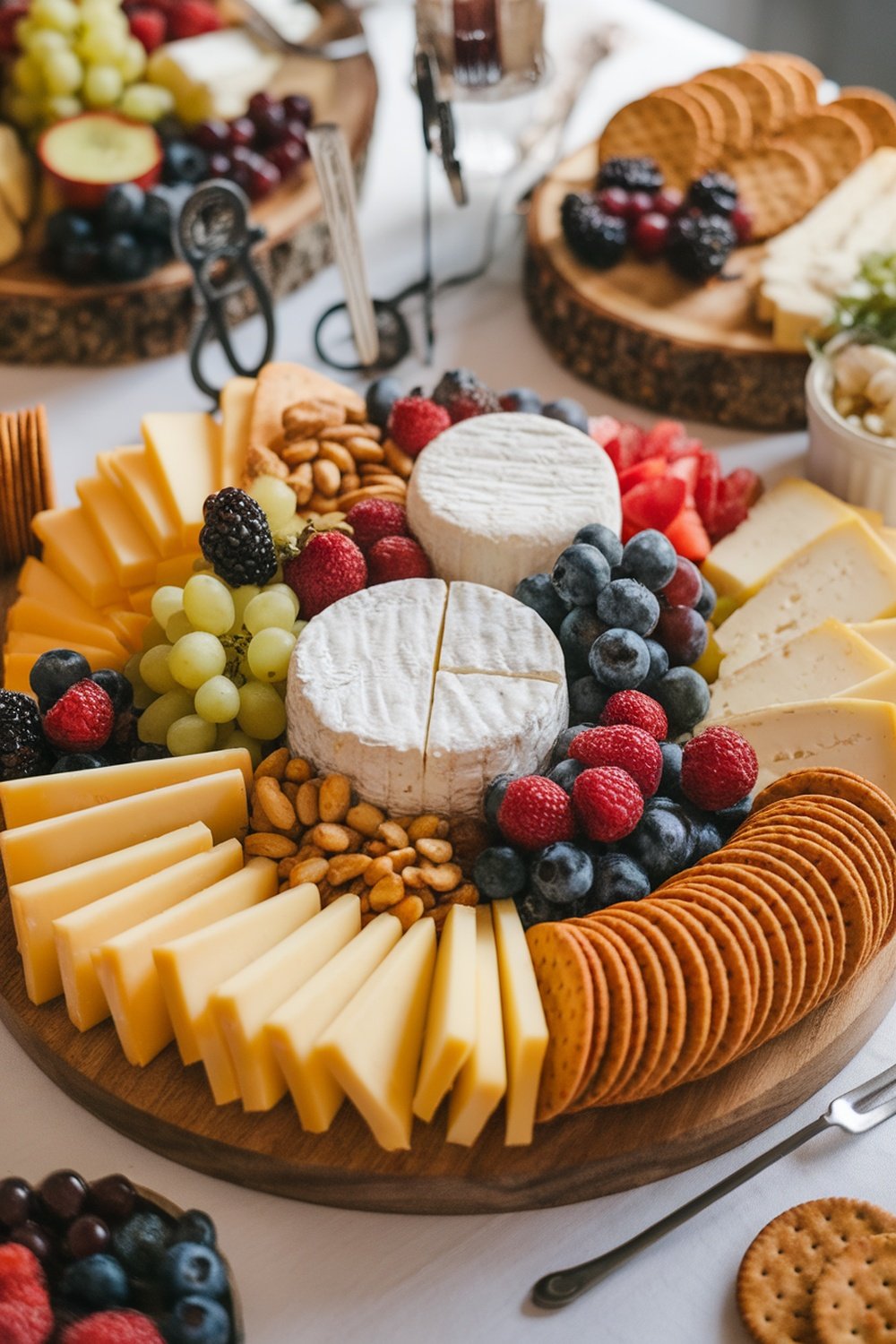 A beautifully arranged cheese board with various cheeses, fruits, nuts, and crackers.