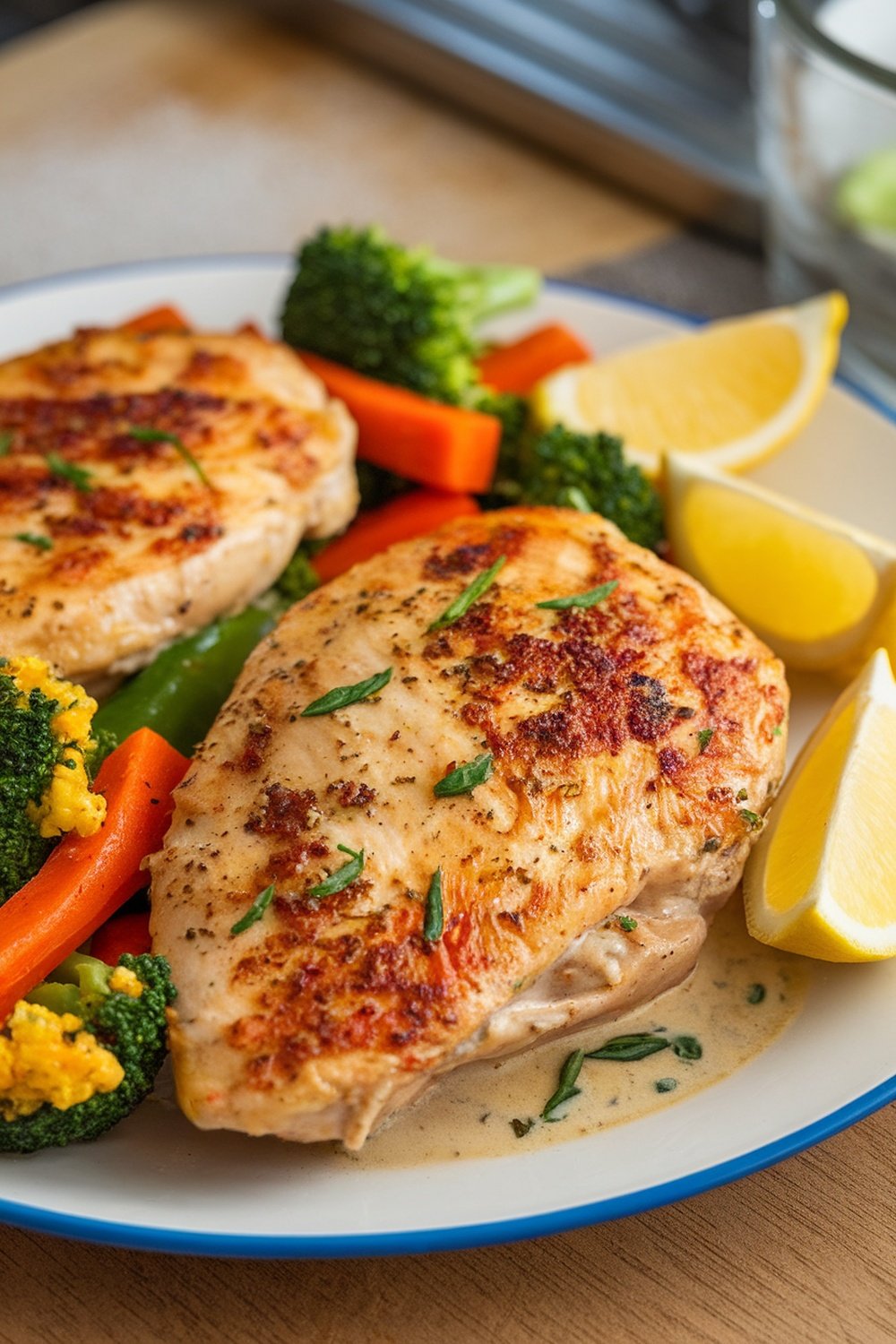 A plate of Garlic Butter Chicken Piccata with vegetables and lemon wedges