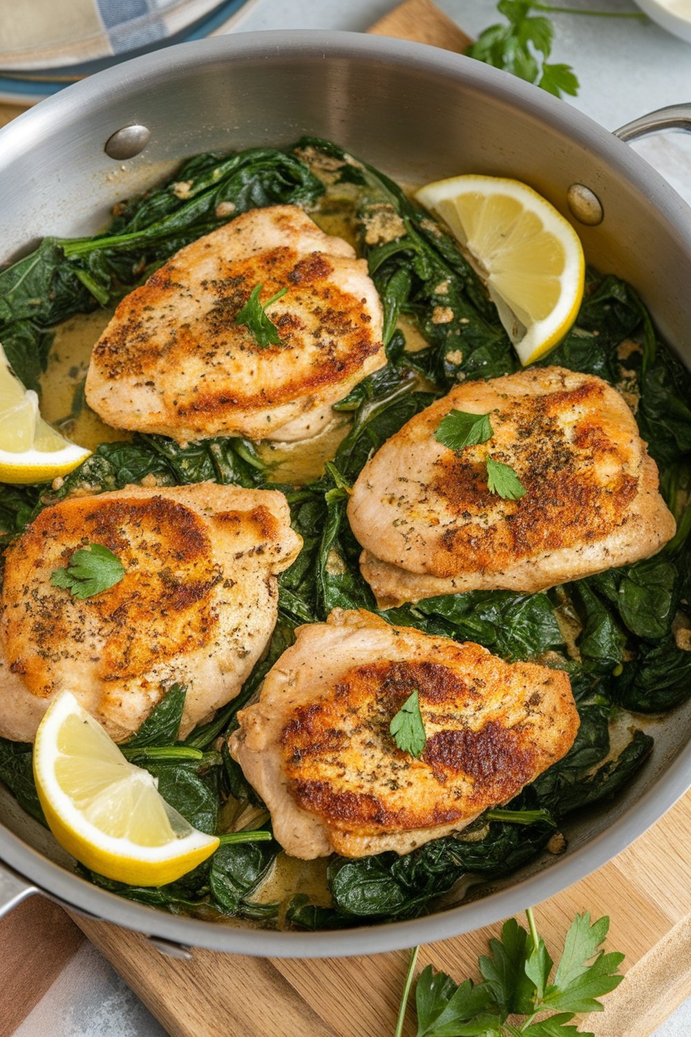 One-Pan Chicken Piccata with Spinach featuring golden chicken breasts, fresh spinach, and lemon slices.
