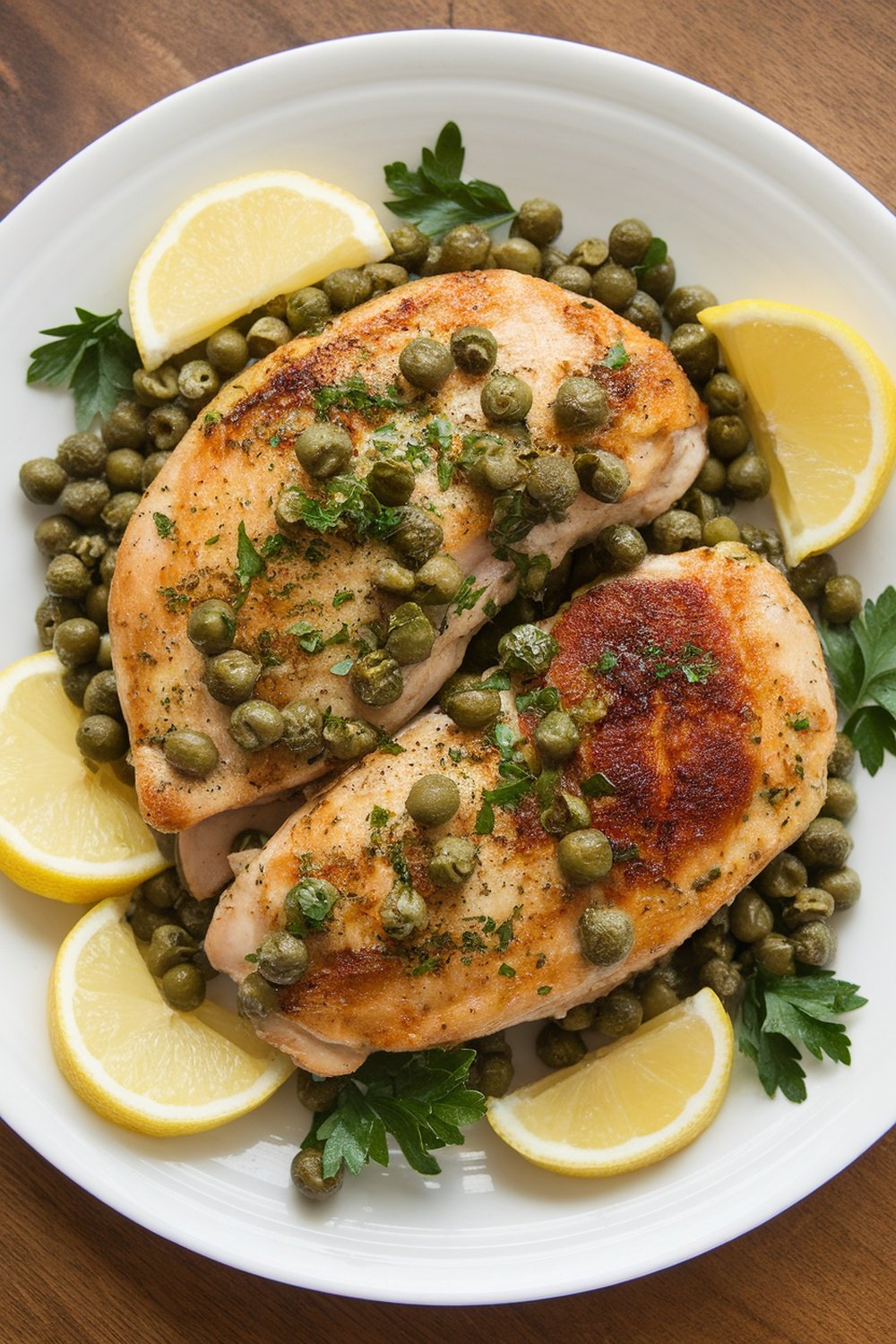Plate of classic chicken piccata with capers and lemon slices