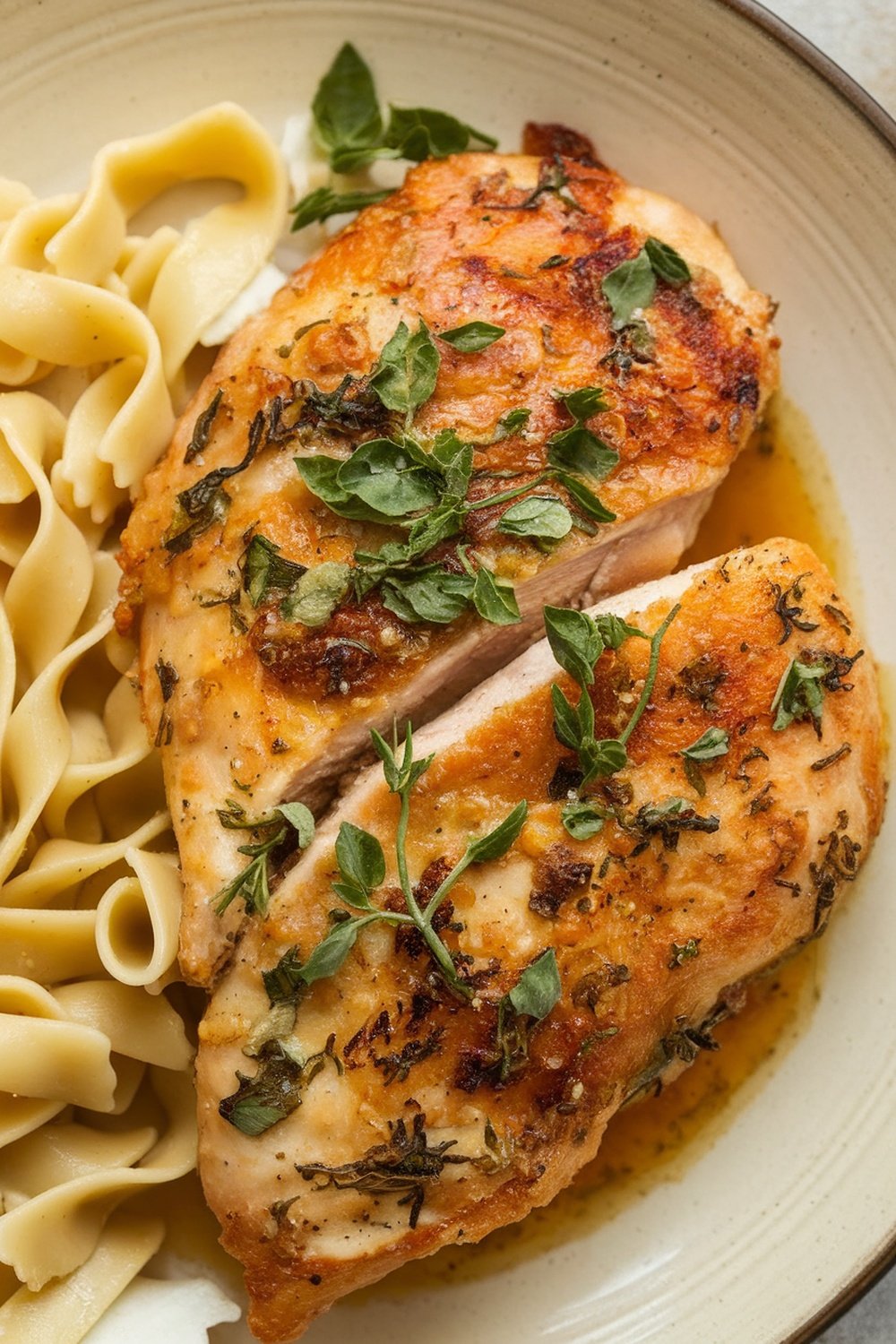 Baked Chicken Piccata with herbs served with pasta