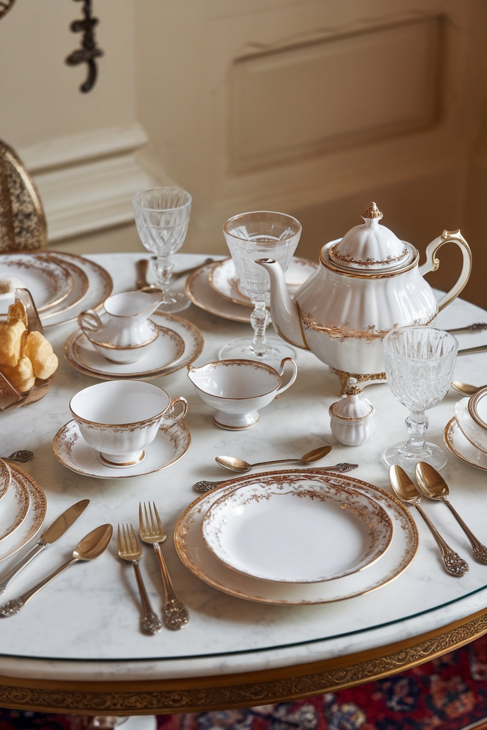 A beautifully arranged tea party table with fine china, crystal glassware, and elegant linens.