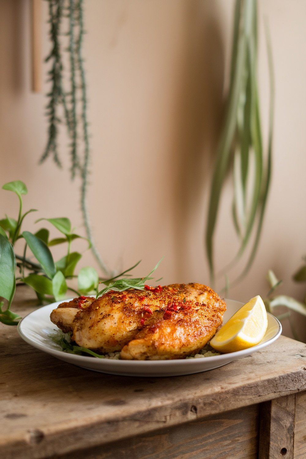 Spicy Chicken Piccata with red pepper flakes, served with a lemon wedge on a plate