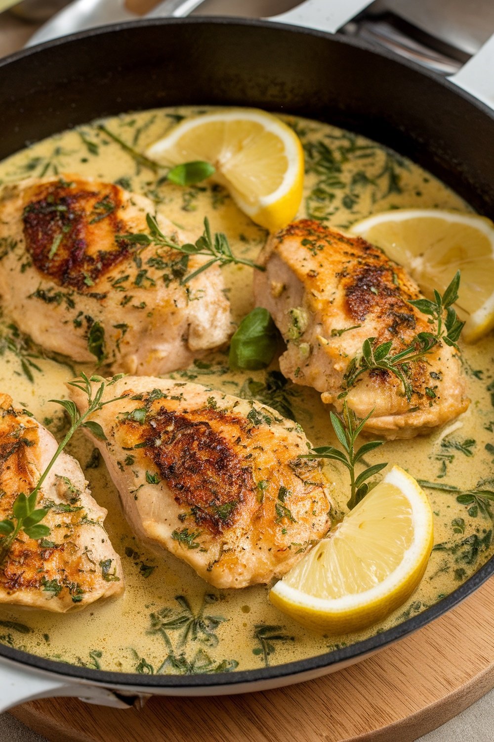 Creamy Lemon Chicken Piccata with chicken breasts in a creamy lemon sauce garnished with herbs and lemon slices.