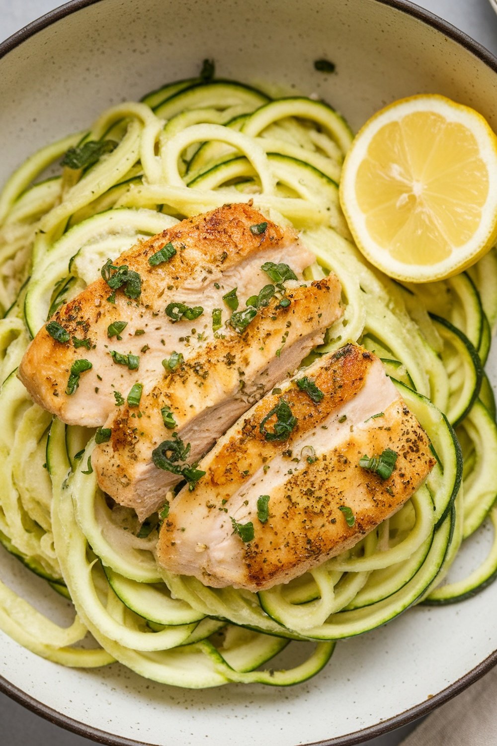 A bowl of zucchini noodles topped with sliced chicken piccata, garnished with herbs and a lemon slice.