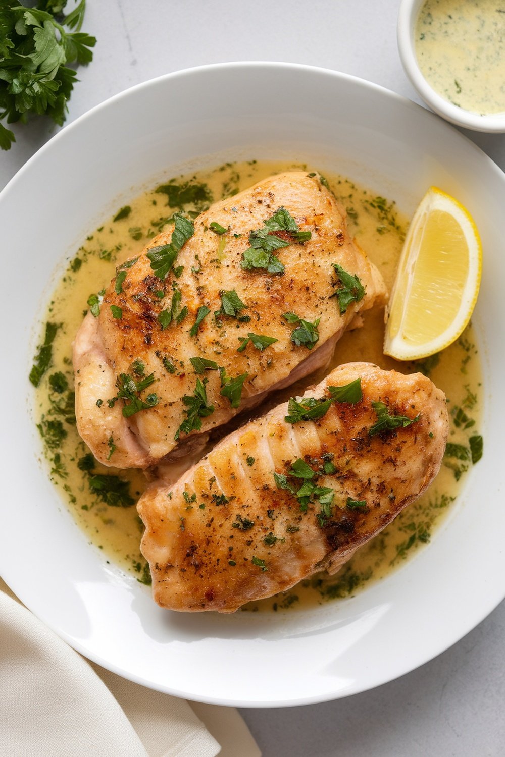 Two chicken breasts in a lemony white wine sauce garnished with parsley, served with a lemon wedge.