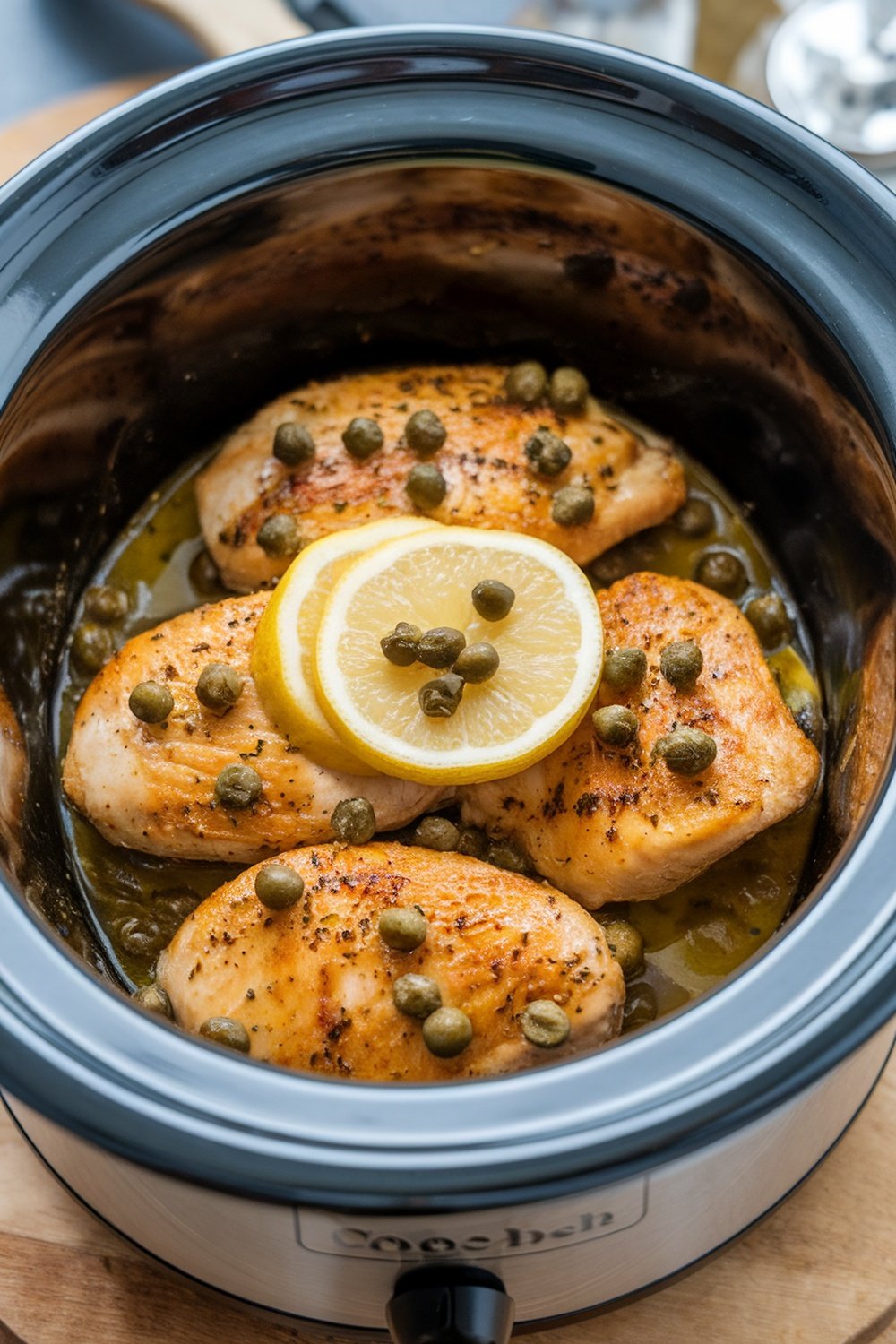 Slow cooker chicken piccata with lemon slices and capers