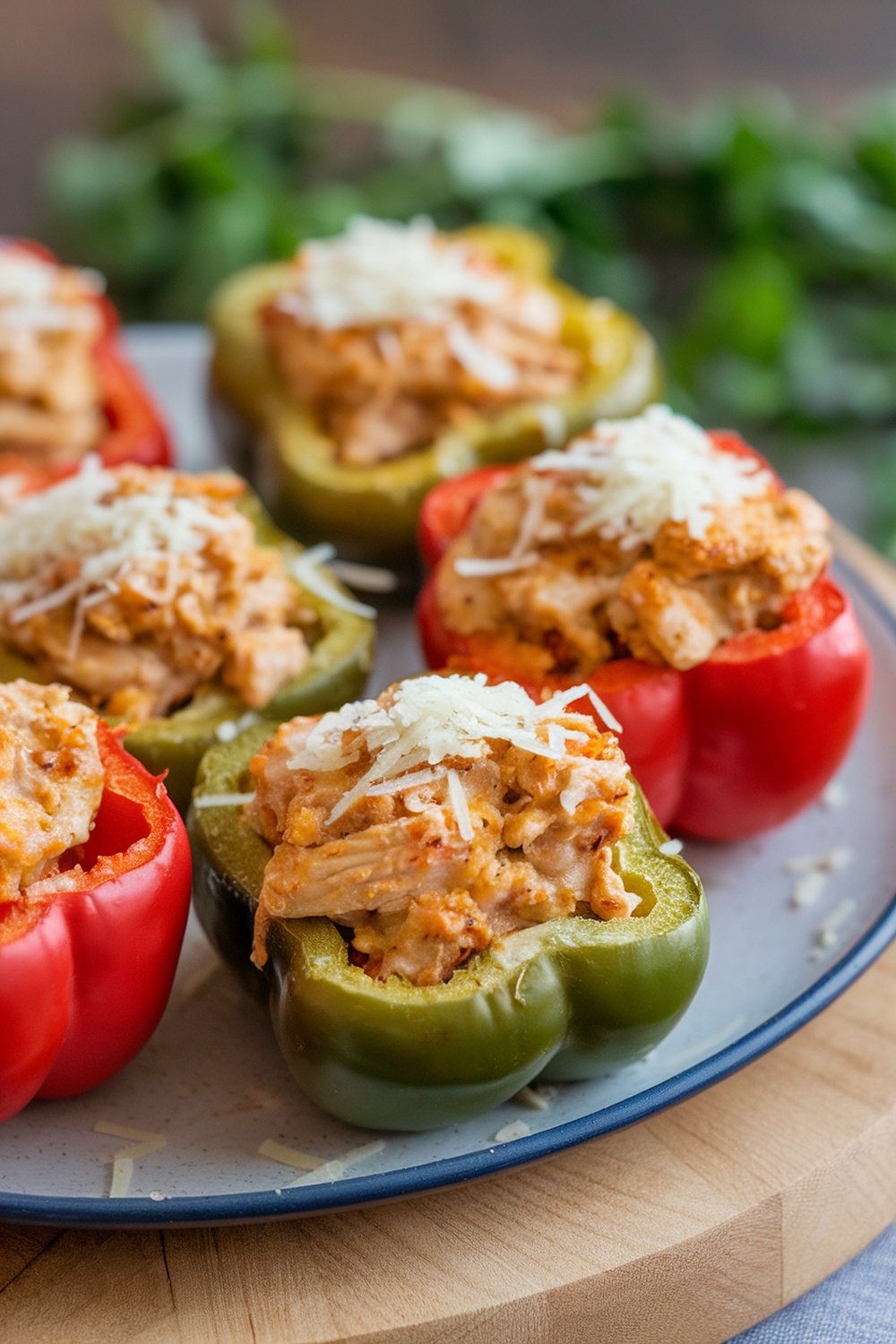 Colorful stuffed bell peppers filled with chicken piccata mixture, topped with cheese.